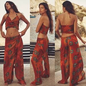 Zara Womens Sheer Wrap Wide Leg Pants M Orange Festival Sheer Boho Flowy